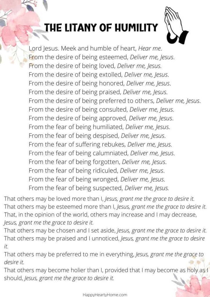 Litany of Humility Prayer PDF with pink flowers on the upper left and lower right