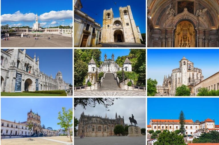 Collage of different Catholic pilgrimage sites in Portugal.