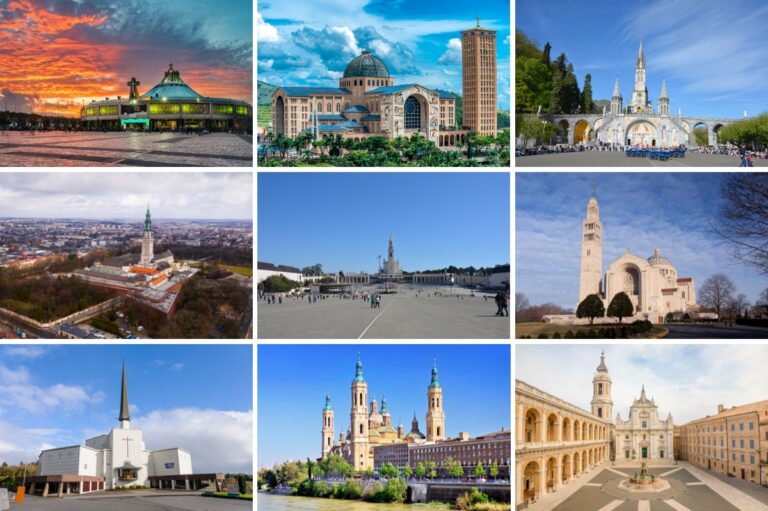 a collage of the top 9 most visited Marian shrines in the world