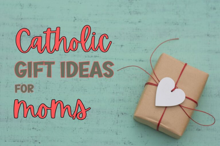 a photo of a gift wrapped in a brown paper with red ribbon and a heart-shaped paper for label with text on the left side that says: Cathoilc gift ideas for moms